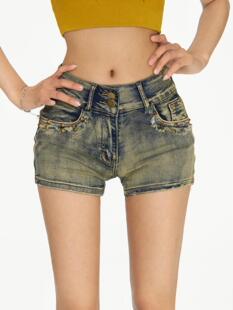 辣目子黑美式vibe风牛仔超短裤女夏辣妹修身欧美性感低腰包臀热裤