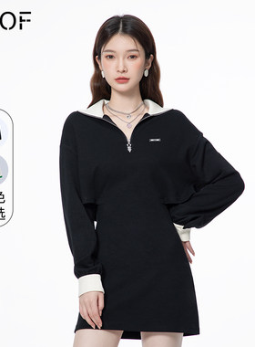 早秋新款polo领连衣裙女运动风长袖撞色休闲收腰显瘦体恤裙子
