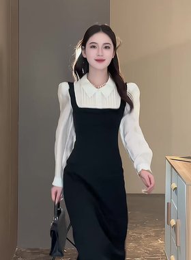 法式独特超好看遮肚子显瘦漂亮气质赫本风假两件黑色洋装子秋季