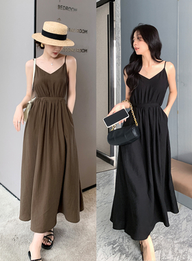 K姐KSOEUR【轻松一夏】 亚麻莱赛尔V领收腰吊带连衣裙女