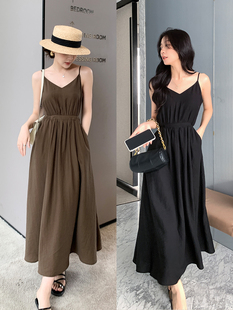 K姐KSOEUR【轻松一夏】 亚麻莱赛尔V领收腰吊带连衣裙女