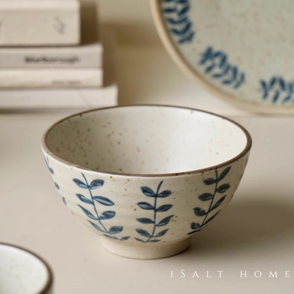 手作藤蔓粗陶青花饭碗汤碗