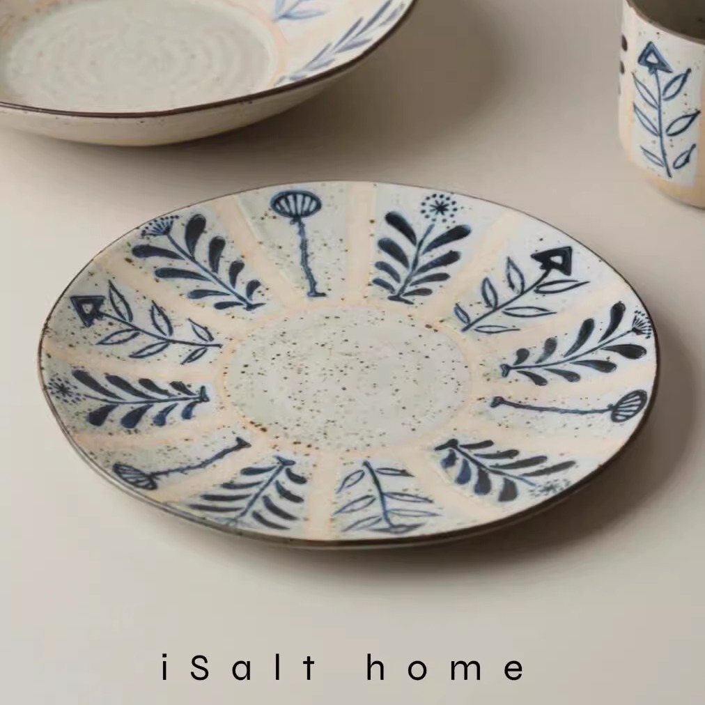 手作百草花盘子粗陶青花