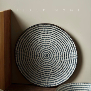 手作青海波系列.粗陶青花餐盘早餐盘甜品盘复古燕麦碗饭碗/出丹麦