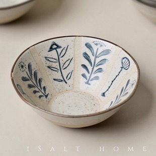 手作百草花燕麦碗.粗陶青花早餐碗饭碗甜品酸奶碗创意家用/出丹麦