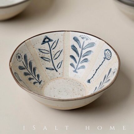 手作百草花燕麦碗.粗陶青花早餐碗饭碗甜品酸奶碗创意家用/出丹麦