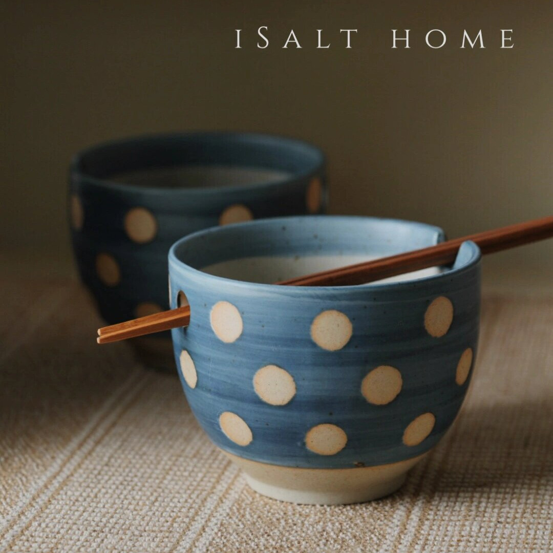 手作画釉波点碗.粗陶青花波点拉面碗带孔大碗家用汤碗/出丹麦