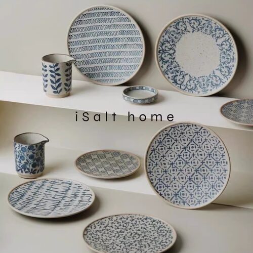 粗陶青花手绘餐盘创意釉下彩