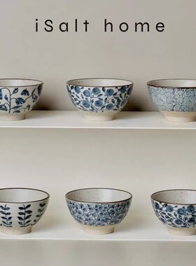 手作米饭碗.粗陶青花手绘碗陶瓷创意釉下彩复古耐高温家用/出丹麦