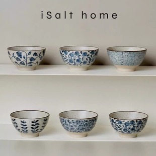 出丹麦 手作米饭碗.粗陶青花手绘碗陶瓷创意釉下彩复古耐高温家用