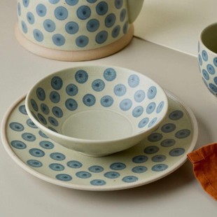 手作蓝莓碗.粗陶青花陶瓷燕麦碗早餐甜品碗饭碗复古创意/出丹麦