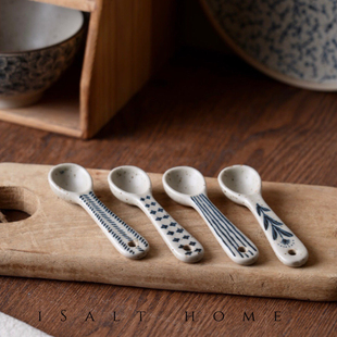 粗陶青花手绘甜品勺小勺子陶瓷家用汤勺汤匙调羹勺子个性创意