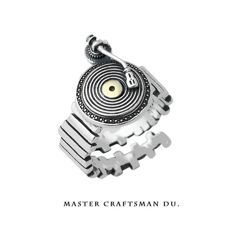 杜氏古匠黑胶唱片打碟机纯银戒指