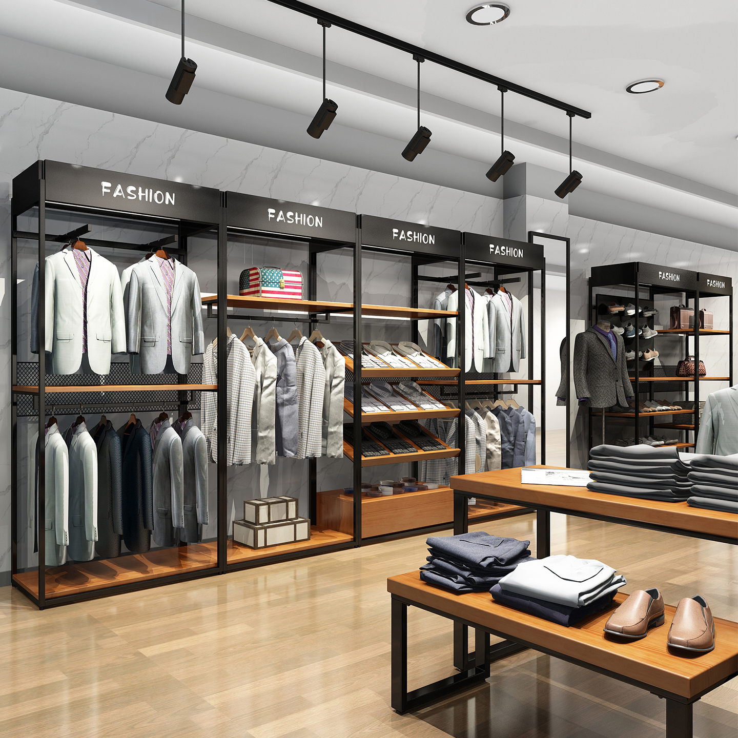 服装店货架陈列高档男装实木金属衣柜展示置物架挂衣落地钢架定制