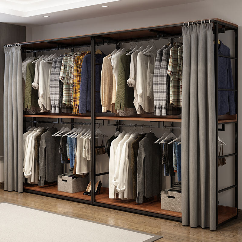 步入式衣帽间置物架开放式金属架子衣柜铁艺衣架卧室挂衣架带帘子