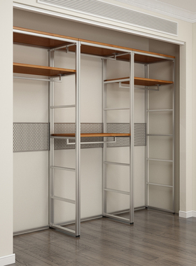 开放式金属衣柜砌墙卧室家用铁艺实木钢架结构定制衣帽间置物架