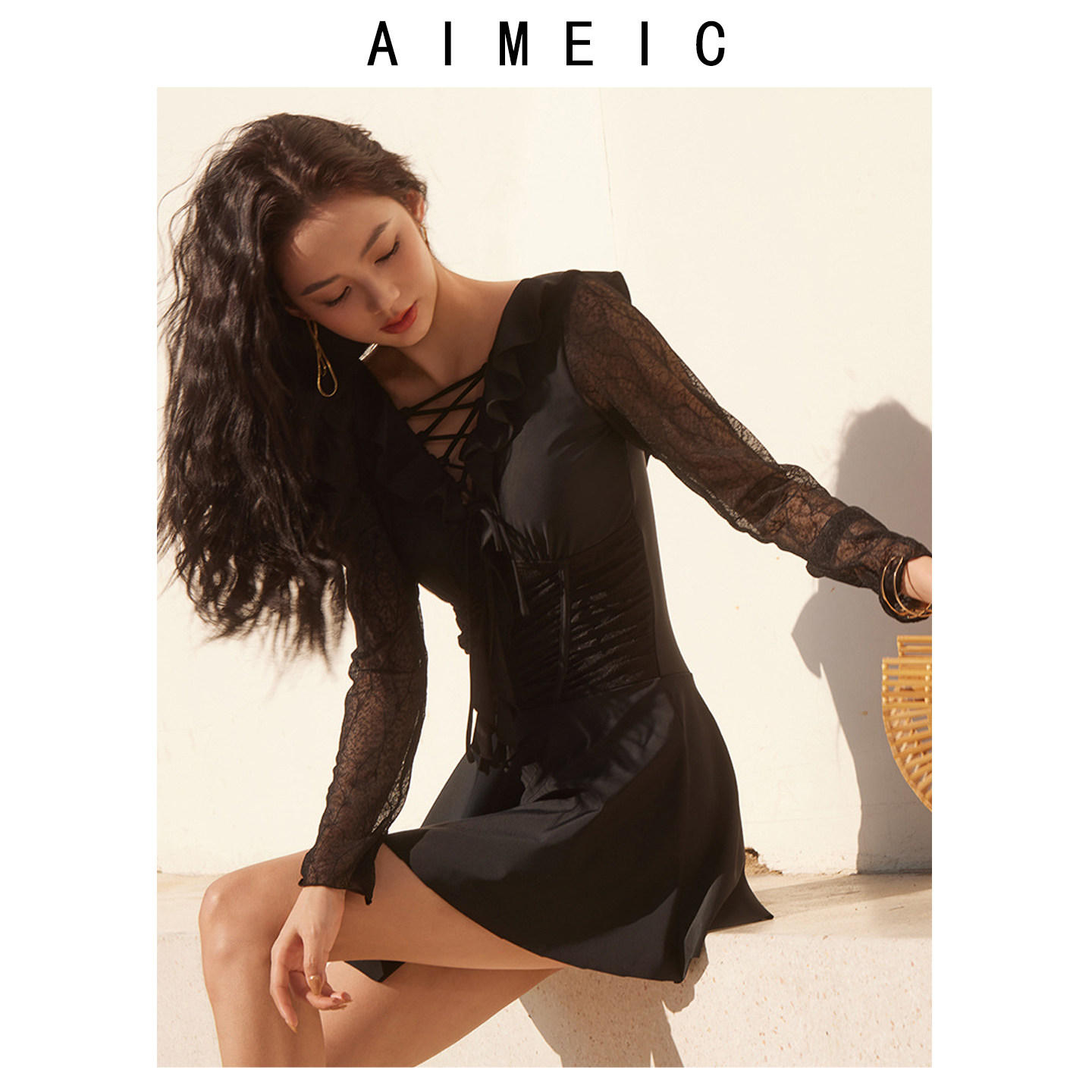 AIMEIC新款无钢托裙式连体泳衣女海边度假性感蕾丝泡温泉长袖泳装