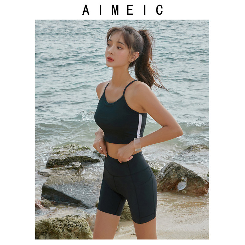 AIMEIC新款分体带胸垫吊带泳衣女高腰紧身速干泳裤两件套游泳装