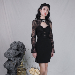 黑色蕾丝法式 槿爷莹惑2024年秋装 宫廷风性感少女改良连衣裙 礼