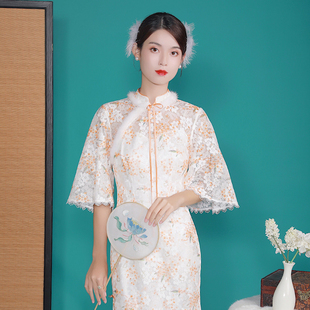 槿爷玉兔染桂2020秋冬白色蕾丝中国风月兔印花复古改良旗袍连衣裙
