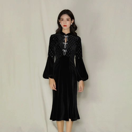 Ретро легкое бархатное платье, демисезонное ципао, французский ретро стиль