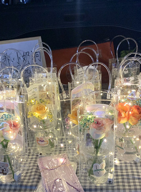 520花束包装袋摆摊透明鲜花杯子手提袋七夕节PVC情人节一套礼品袋