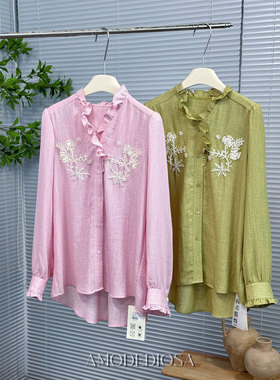 0MB.欧洲站新品南油高端刺绣钉珠花边领设计感衬衫减龄长袖上衣女