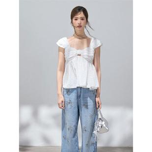 上衣 XIWA欧洲站新品 法式 甜美纯欲肌理纹百搭背心蝴蝶结泡泡袖 时尚
