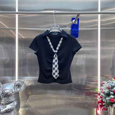 XIWA欧洲站新品BābyChìlling甜辣妹修身上衣显瘦短款polo领小衫