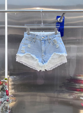 XIWA欧洲站新品BābyChìlling假两件热裤拼接蕾丝边叠层牛仔裤潮