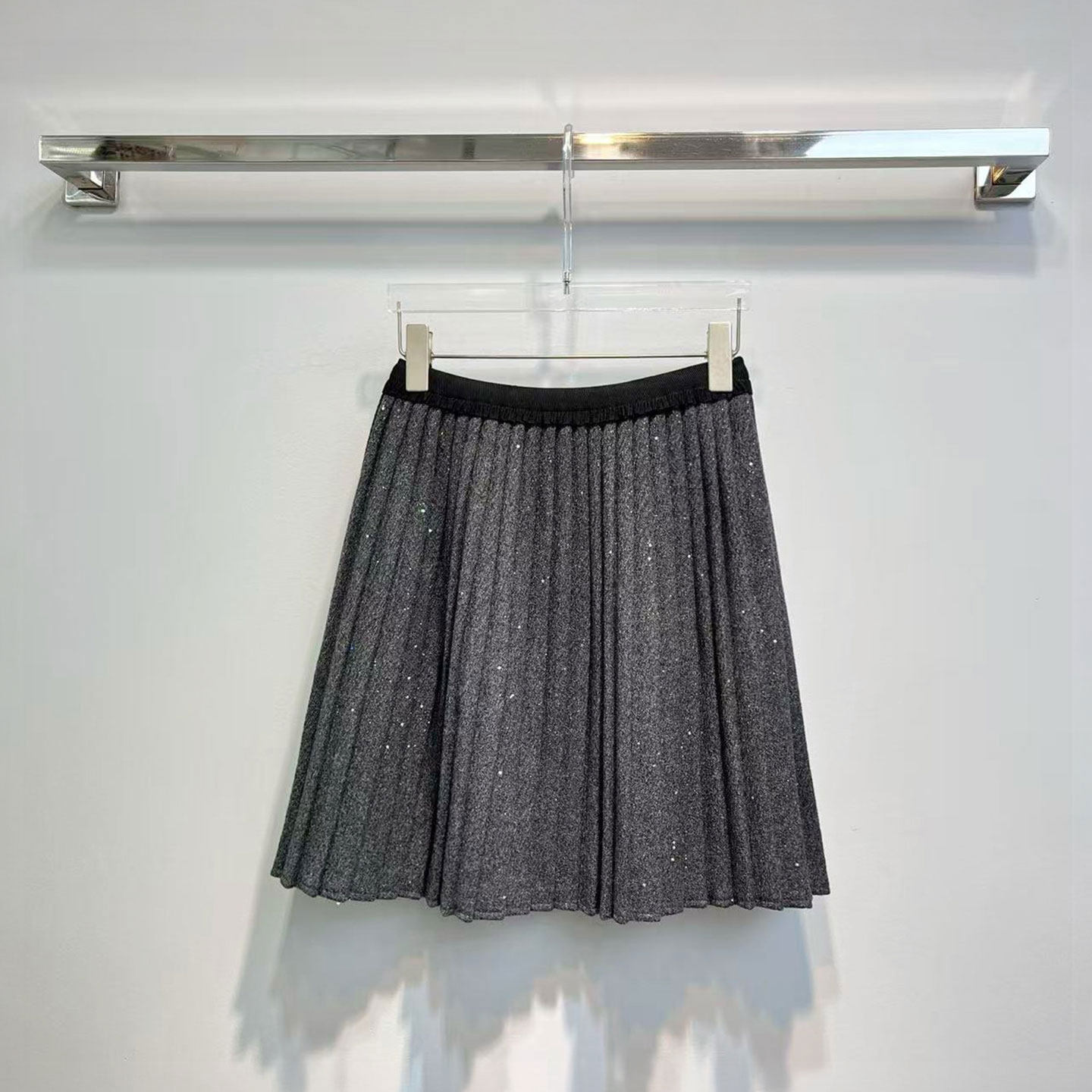 XIWA欧洲站新品南油高腰百搭松紧腰a字裙闪闪毛呢面料百褶中裙女