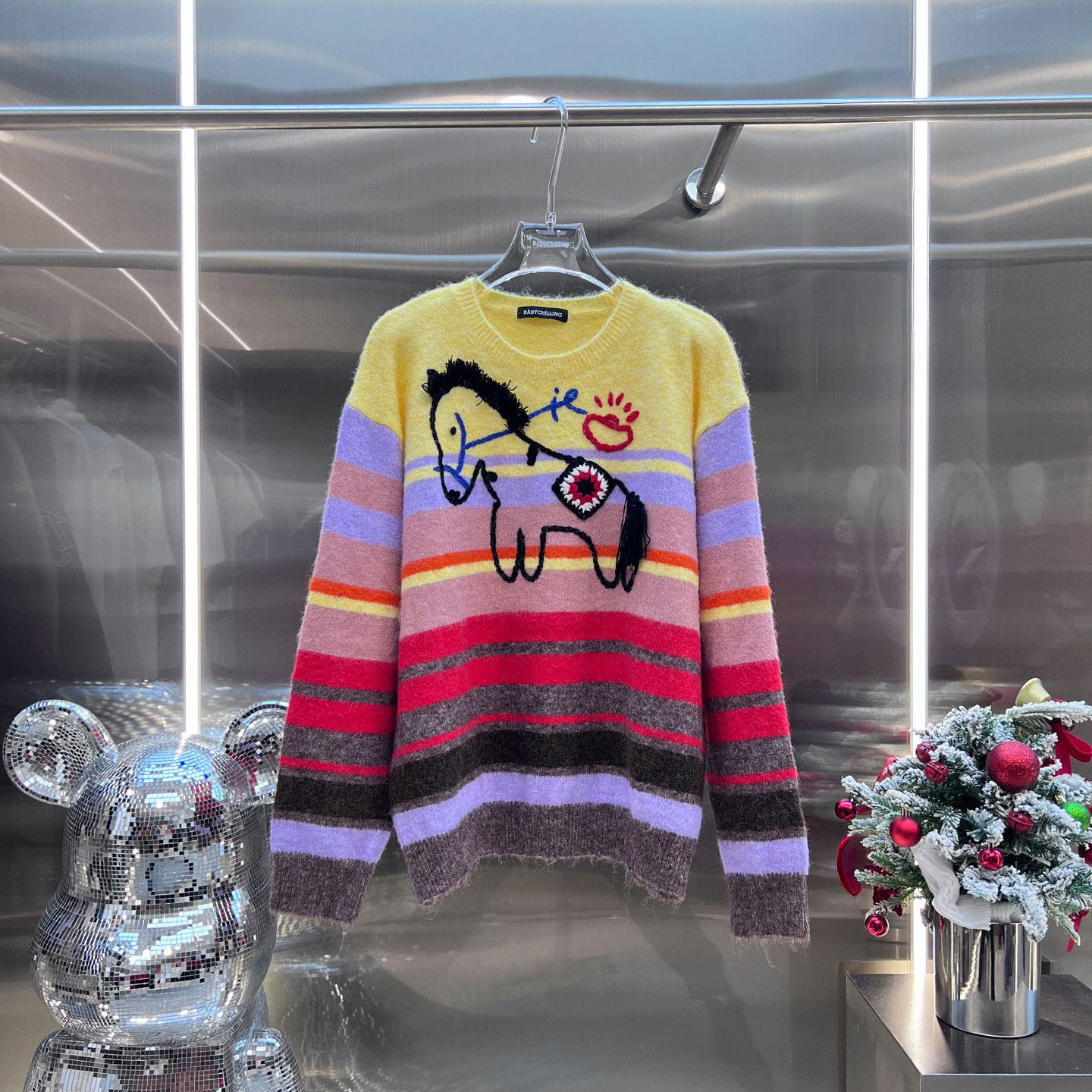 XIWA欧洲站新品英伦风减龄百搭宽松彩虹针织衫小马刺绣套头毛衣女