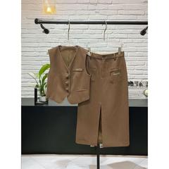 XIWA欧洲站新品MRSSTETE气质通勤风刺绣口袋马夹轻熟半身裙套装潮