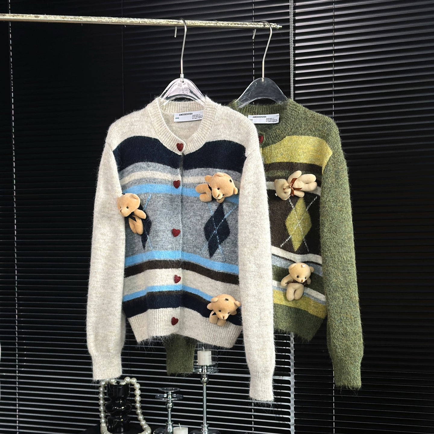 XIWA欧洲站新品古英伦风撞色菱形格软糯毛衣单排扣气质设计感外套