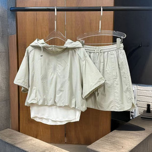 女 XIWA欧洲站新品 英伦风连帽抽绳短袖 上衣松紧防走光裤 半身裙套装
