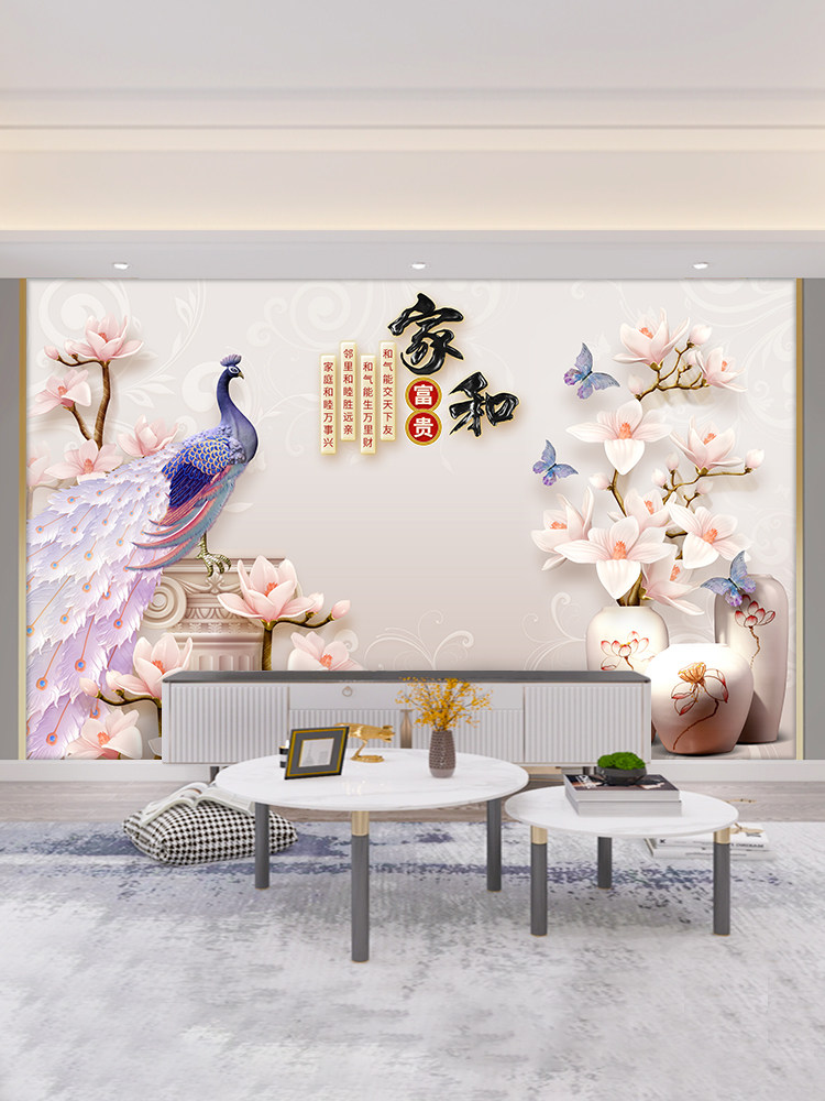 家和富贵墙纸客厅电视背景墙壁纸新中式3d立体浮雕壁画花鸟壁布画