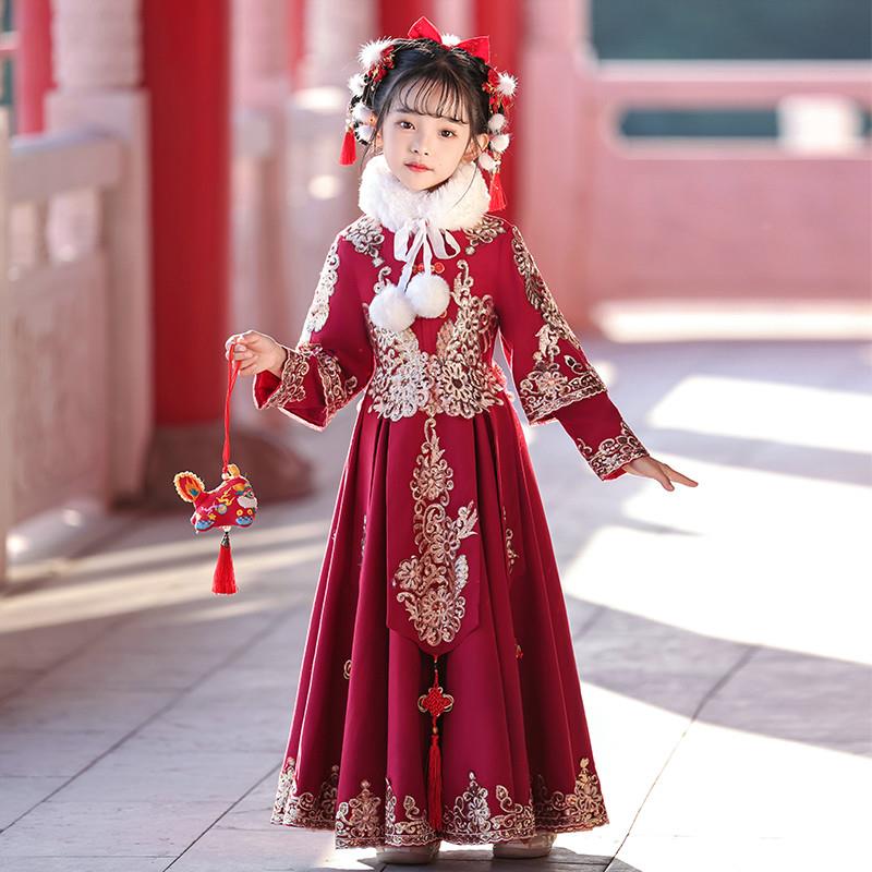 女童拜年服2024新款冬季加绒小女孩汉服裙子儿童古装连衣裙中国风