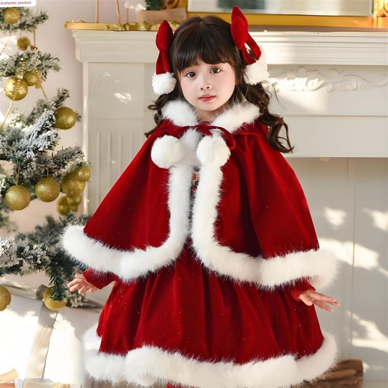 圣诞衣服儿童女童新款圣诞节穿搭洛丽塔主题服装斗篷套装冬连衣裙