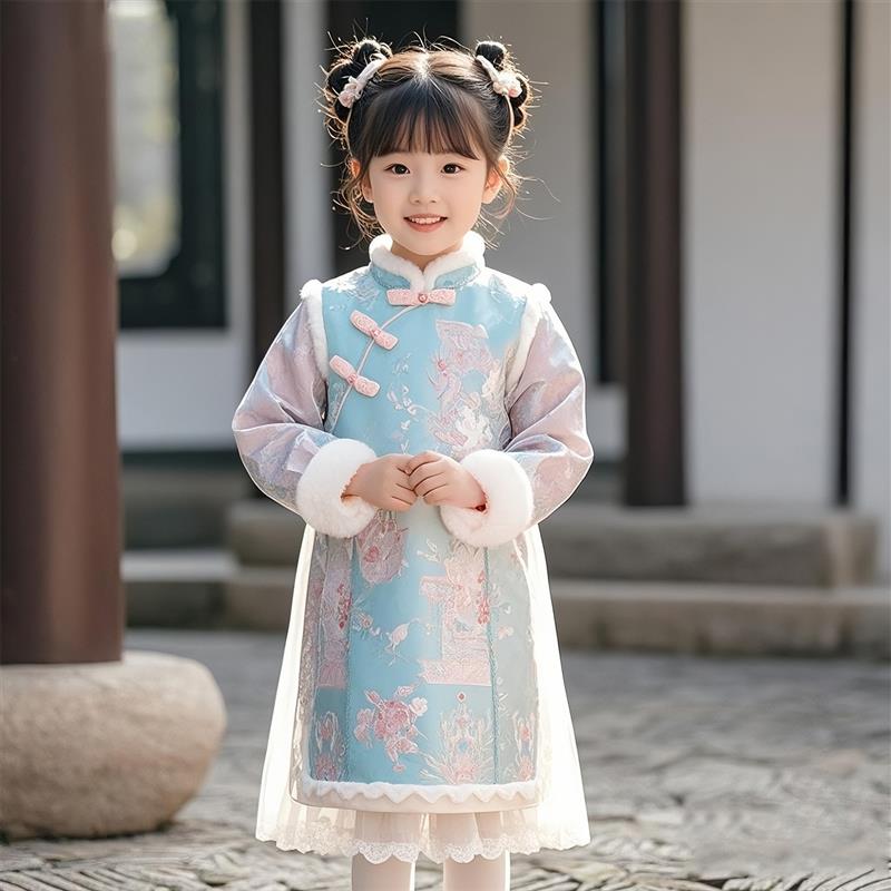 汉服女童旗袍秋冬季2025新款古风公主连衣裙加绒儿童国风唐装裙子