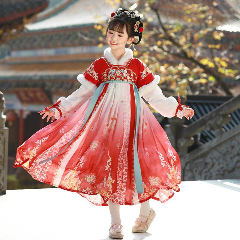 汉服女童秋冬加绒襦裙2024新款古装拜年服冬季加厚连衣裙过年唐装