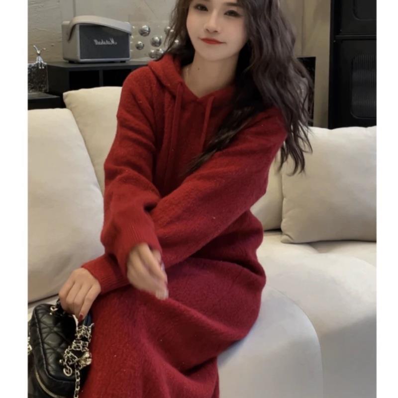 亮丝圣诞新年红色连帽长款打底衫毛衣裙秋冬女加厚宽松针织连衣裙