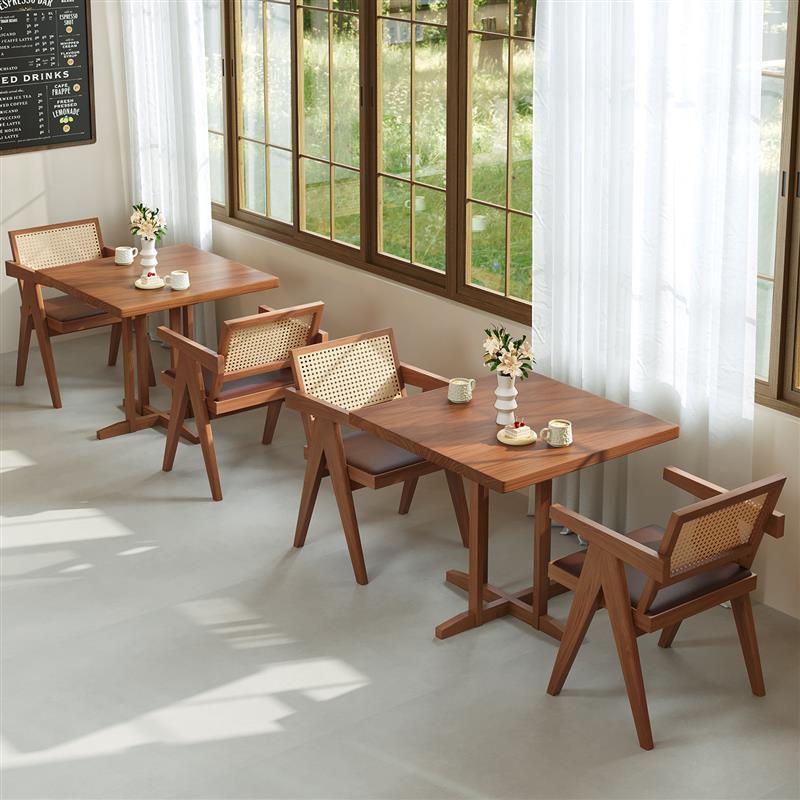 咖啡厅中古风实木餐桌商用清吧奶茶店双人桌子高档饭馆小方桌1092