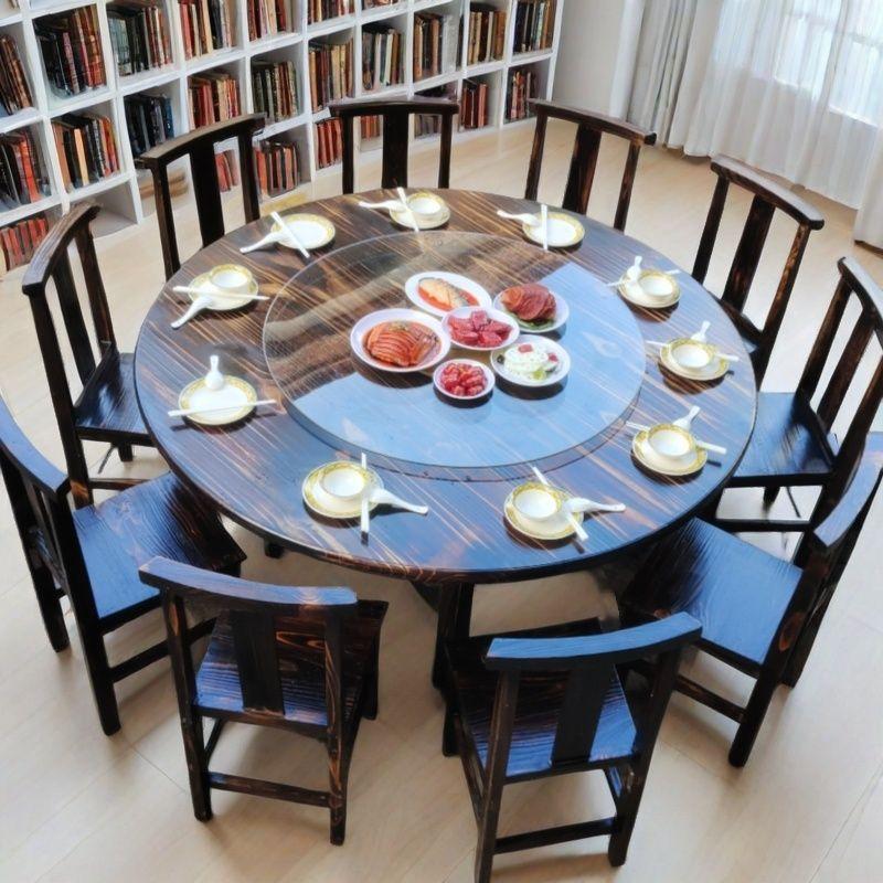 碳化深黑色休闲农场大排档火锅店实木大圆桌饭店餐饮包厢餐桌椅组