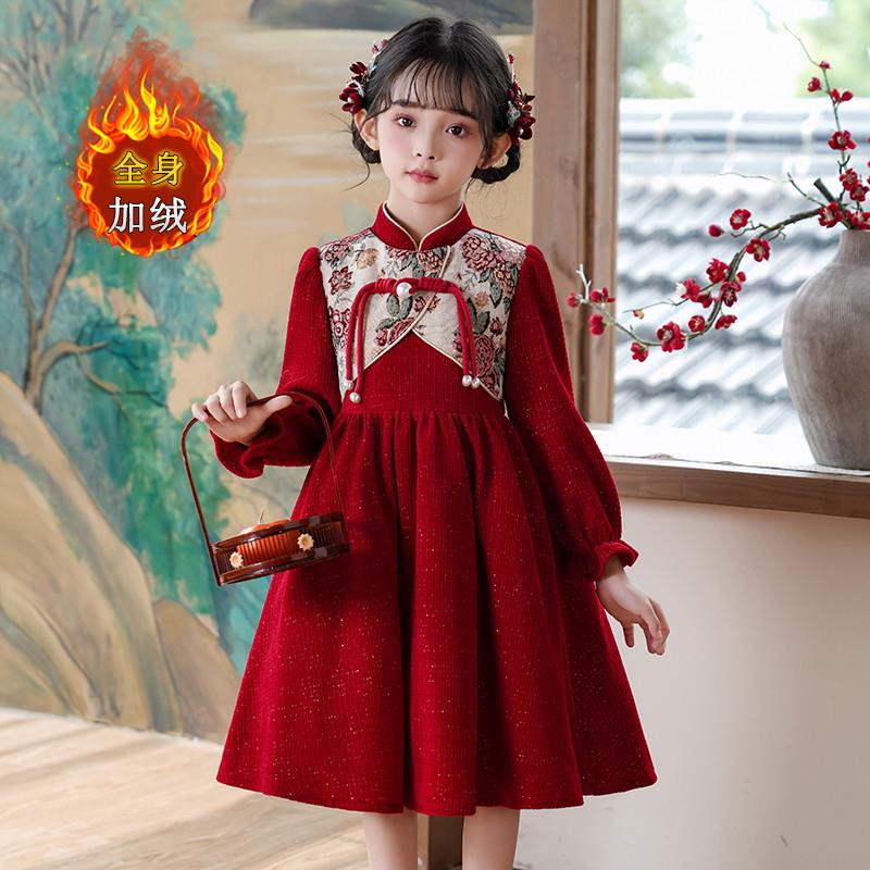 女童汉服加绒连衣裙秋冬旗袍裙2025新款女宝宝拜年服新中式中国风