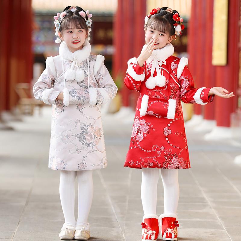 儿童拜年服女童汉服加绒加厚唐装中国风连衣裙女宝秋冬旗袍过年
