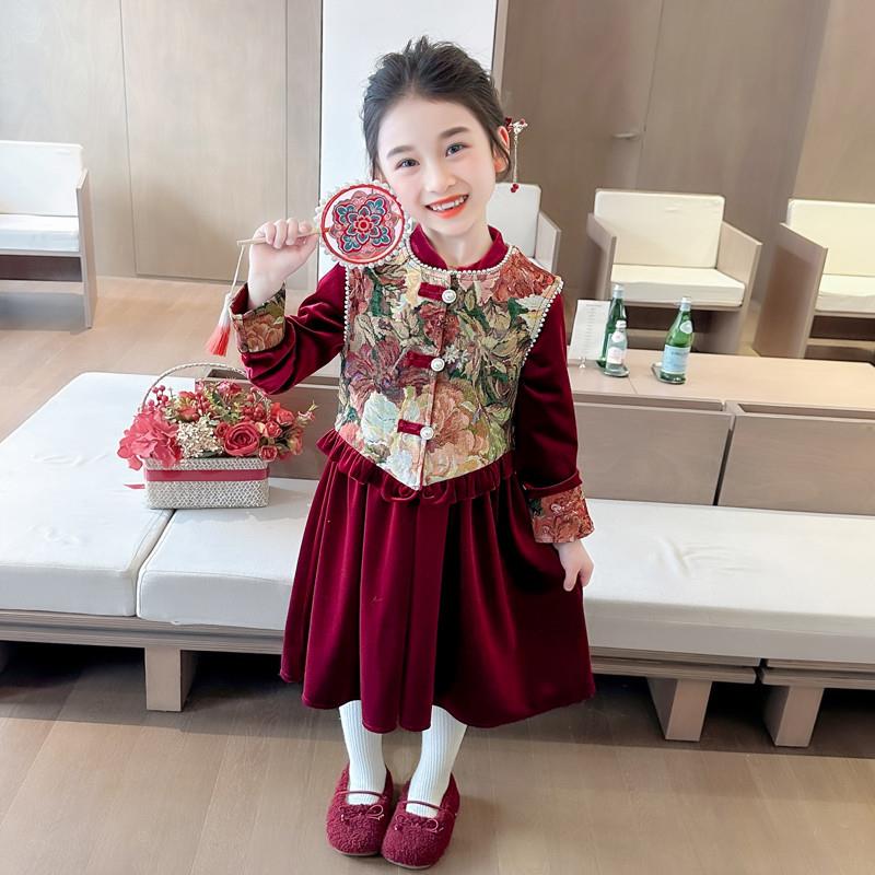女童冬季马甲连衣裙套装新款儿童中式国风红色加绒唐装新年拜年服