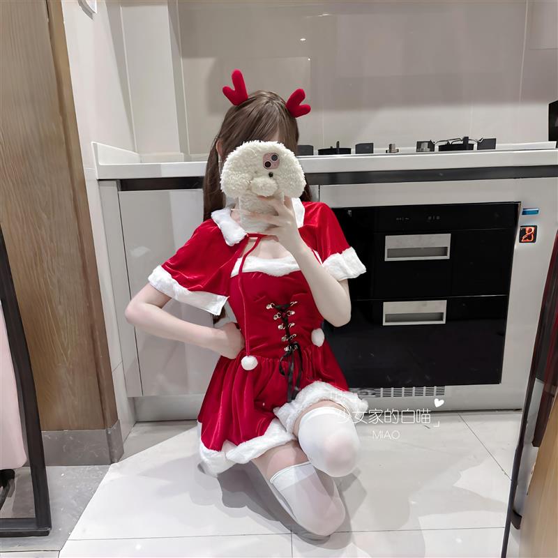MIAO 圣诞节主题女仆装可爱纯欲氛围感红色丝绒斗篷圣诞连衣裙
