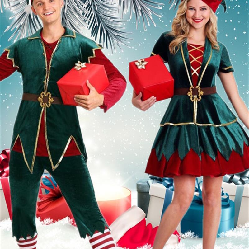 圣诞老人服装男女情侣绿色精灵服装角色扮演聚会派对圣诞表演服饰