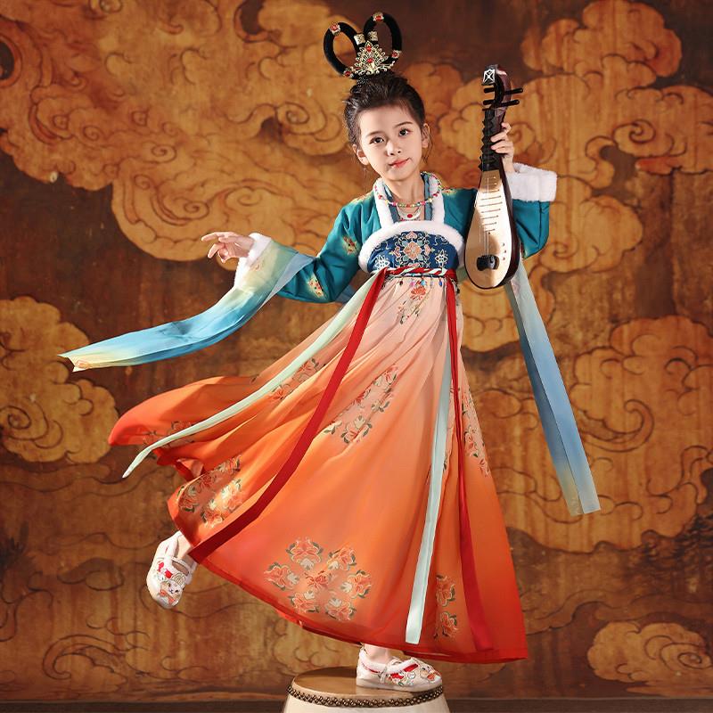 女童汉服敦煌飞天古装唐装加厚加绒中国风古典舞儿童舞蹈演出服冬