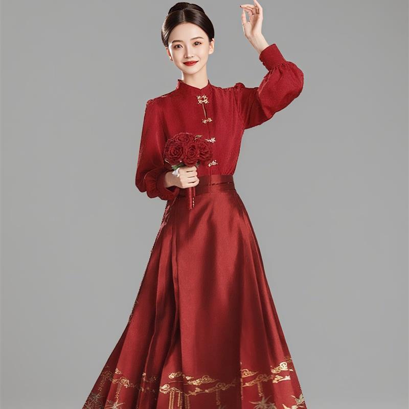 新中式国风改良汉服红色马面裙套装2025秋款大码胖mm订婚回门礼服